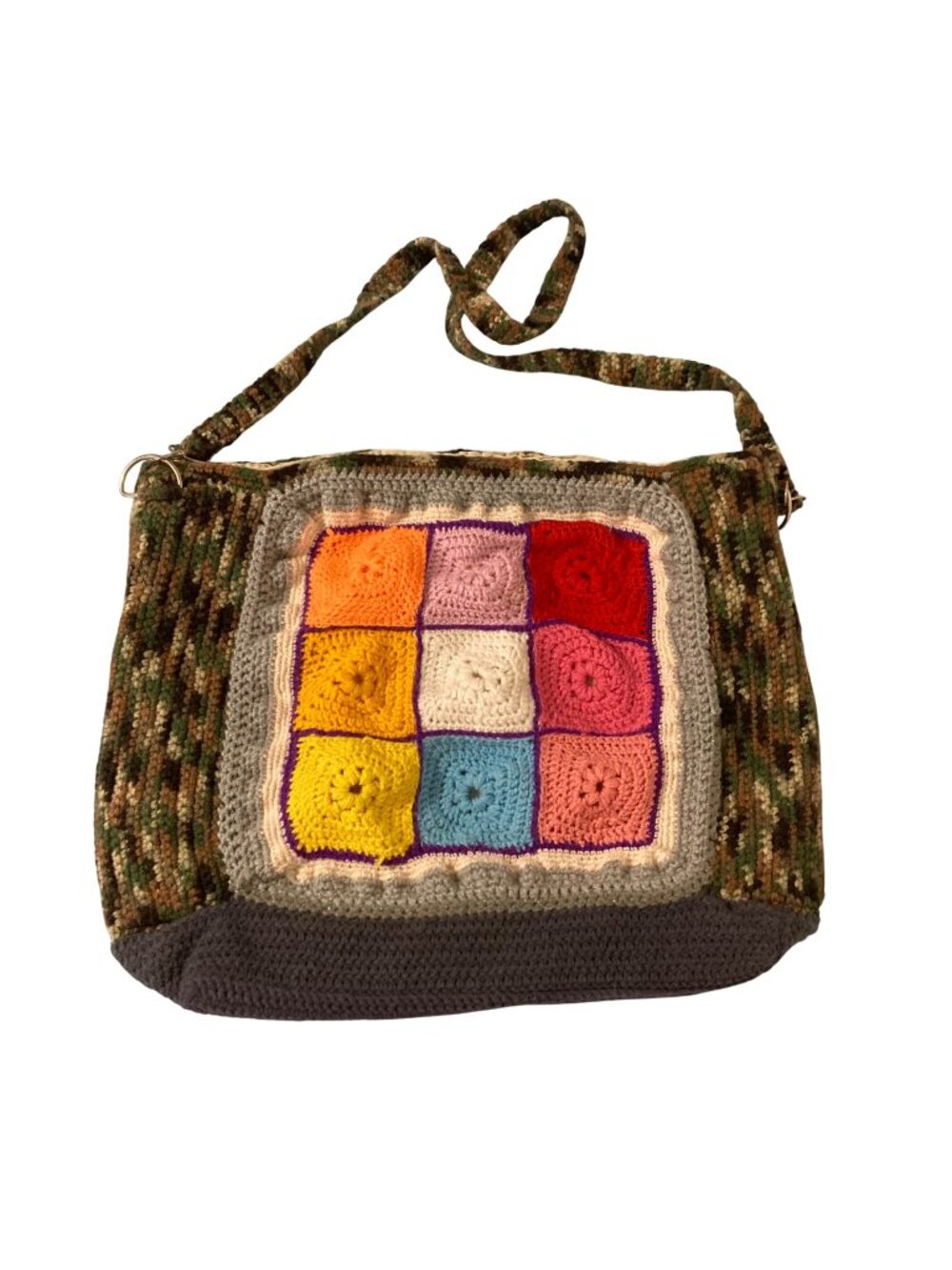 Handmade Crocheted Granny Square Bag With Floral Squares And Camo Knit
